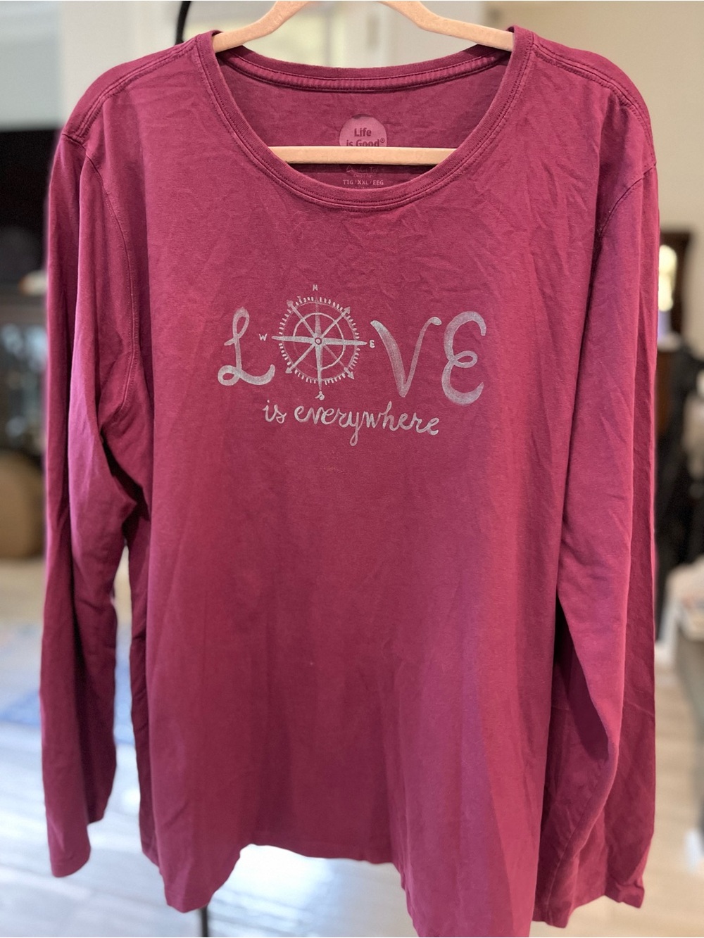 Life Is Good Long-Sleeve Tee in Berry Plum with 'Love is Everywhere' Compass